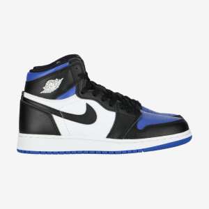 Side view of Air Jordan 1 Retro High OG men's basketball shoes, black and white with blue accents - For man