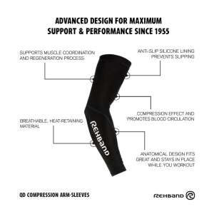 Mâneci de compresie Rehband QD, negru, unisex, suport pentru braţ, performanţă, coordonare musculară, regenerare, captătuşă anti-alunecare din silicon, respirabil, material care retine căldura, efect de compresie, circulaţia sângelui, design anatomic - Fixarea articulațiilor