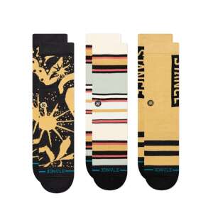 3 Pack Stance Dunes socks for men, featuring a black sock with a yellow and black pattern, a white sock with a yellow, black, and grey striped pattern, and a yellow sock with a black and yellow striped pattern - For man