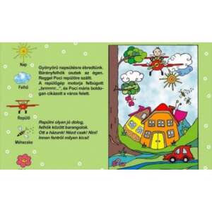 Ilustrație a unui copil care zboară cu un avion pe cer, cu case și o mașină în fundal - Filme diapozitive