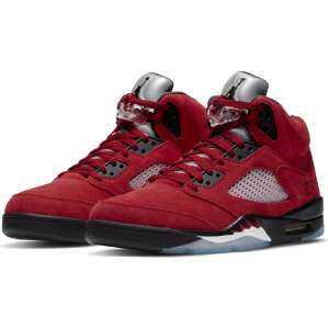 Pair of Air Jordan 5 Retro red suede shoes, angled view showing the shoes from the side - For man