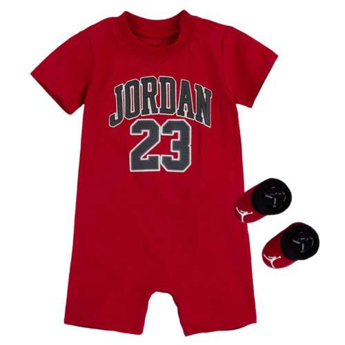 Jordan Kids 23 Romper & Bootie Set in red, featuring the Jordan logo and number 23 on the romper and a pair of black booties
