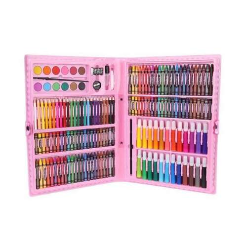 Rózsaszín művészeti tok 168 darab művészeti kellékkel, beleértve a színes ceruzákat, krétát, filctollakat és festékeket.
