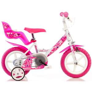 Dino Bikes 12 inch girls bike with training wheels, pink and white with heart design - Dino Bikes
