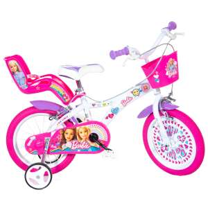 Dino Bikes Barbie 14 Zoll Mädchenfahrrad mit Stützrädern, rosa und weiß, mit Korb und Puppenhalter - Dino Bikes Fahrrad für Kinder