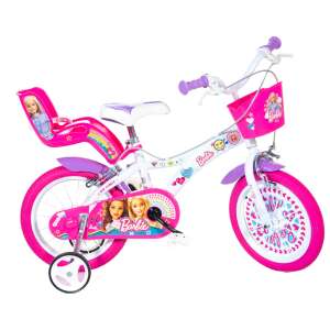 Barbie Dino Bikes 16 inch girls bike with training wheels, pink and white, with basket and doll seat - Dino Bikes