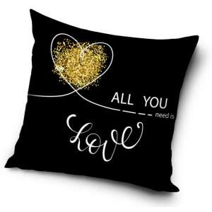 Black and gold decorative pillow cover with 'All you need is love' text and a heart design - Cushion cover