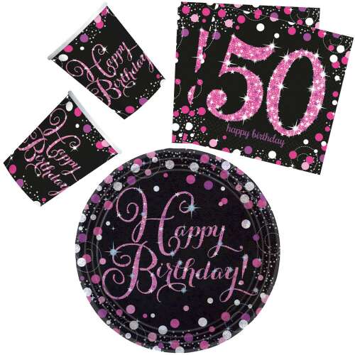Happy Birthday Pink 50 party set with 32 pieces, including 23 cm plates, cups and napkins