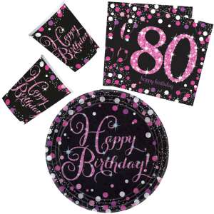 Happy 80th Birthday Party Supplies Set, Pink and Black, 32 Pieces, Includes Plates, Cups, and Napkins - Party Supply