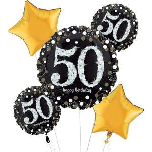 Happy Birthday 50th Birthday Balloons, 5 pack, black and gold foil balloons with silver glitter, 50th birthday party decorations - Balloon