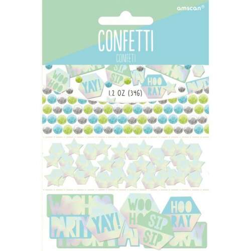 amscan Shimmering Party Confetti, 1,2 oz (346) pachet de confetti irizat cu stele, cercuri și cuvinte precum 'Woo Hoo', 'Yay!' și 'Hoo Ray'