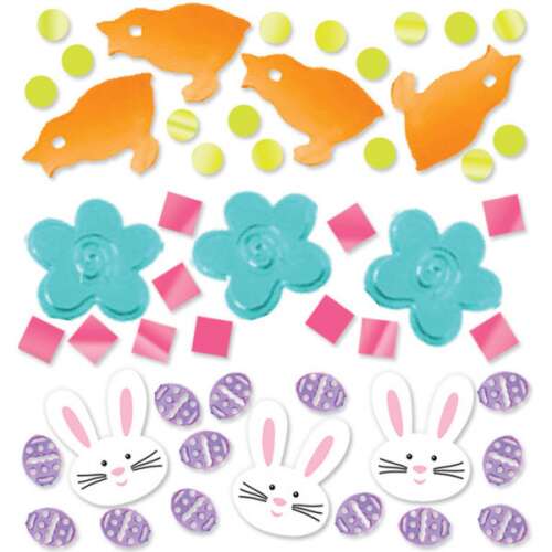 Easter confetti with bunnies, chicks, flowers and eggs