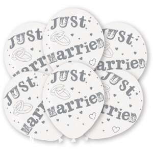 6er Pack weißer Latexballons mit silbernem 'Just Married' und Ringdesign - Luftballons