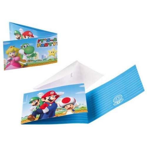 Super Mario Mushroom World Party invitations, 8 pack, featuring Mario, Luigi, Peach, Yoshi, and Toad