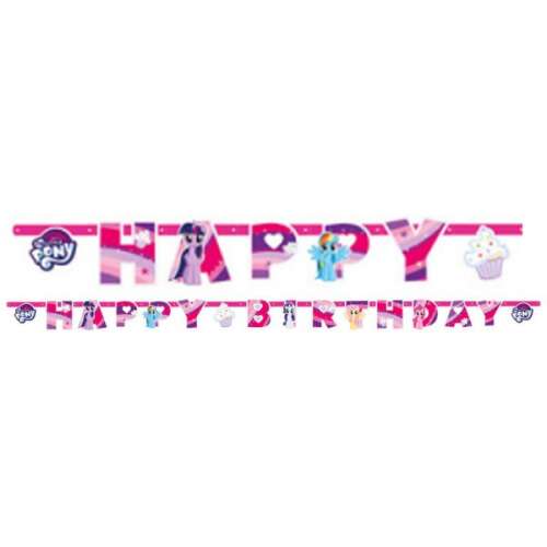 My Little Pony Happy Birthday Banner, pink and purple, with characters and cupcakes