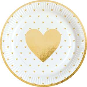 Szerelem Everyday 8 pack 23 cm white paper plates with gold heart design - Party Supply