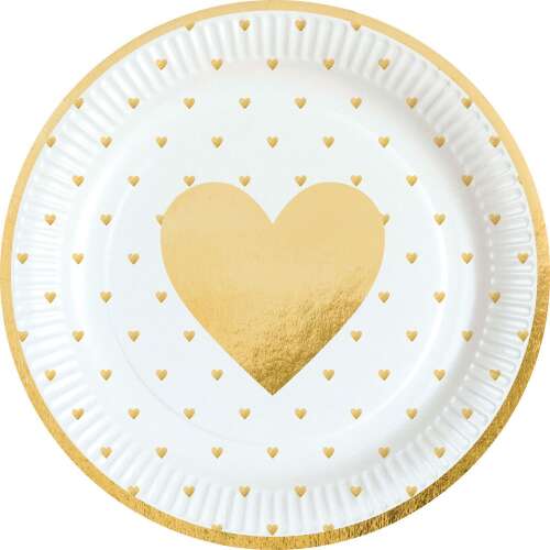 Szerelem Everyday 8 pack 23 cm white paper plates with gold heart design