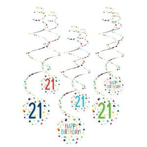 Happy 21st Birthday Party Decorations, 6 Pack of Hanging Swirls, Colorful Confetti Design - Party Decoration