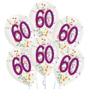 6 pack of 11 inch clear balloons with confetti and '60' printed on them, Happy Birthday balloons - Balloon