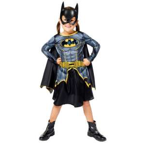 Kostium Batgirl dla dziewczynek w wieku 8-10 lat, z czarną i szarą sukienką, żółtym paskiem, czarną peleryną i czarną maską - Batman