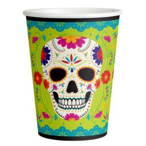 Totentag Papierbecher, 8er Pack, 250 ml, grün mit buntem Totenkopf-Design - Einwegbecher