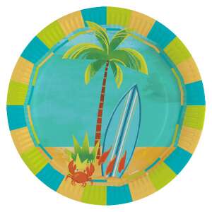 Nyár Surf Party paper plates, 8 pack, 23 cm, featuring a palm tree, surfboard, and crab on a beach scene - Party Supply