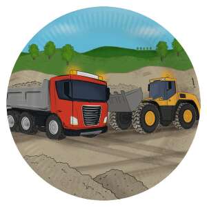 Construction themed paper plates, 8 pack, 23 cm, featuring a red dump truck and a yellow excavator - Disposable Plate