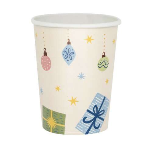 8 pack of 250ml Winter Woodland paper cups with Christmas ornaments and gift designs