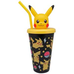 Чаша с сламка Pokémon Pikachu 3D, 443 ml, черна с жълт дизайн на Pikachu - Сламено стъкло