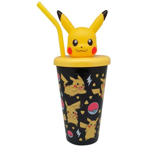 Kubek z słomką Pokémon Pikachu 3D, 443 ml, czarny z żółtym wzorem Pikachu