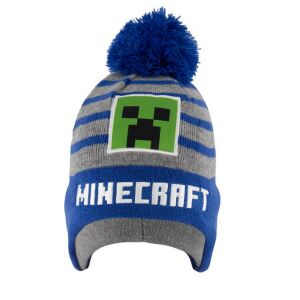Minecraft Kids Beanie Hat with Ear Flaps, Blue and Grey, Creeper Design - Minecraft