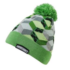 Minecraft Kids Winter Hat, Green with Geometric Pattern, Pom Pom - Minecraft