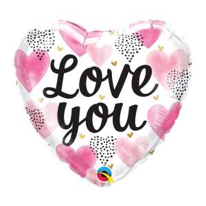 Love You heart shaped foil balloon, 18 inches, pink and white with black and gold accents - Qualatex
