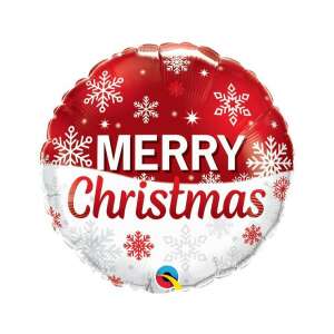 Piros és fehér fólia lufi hópelyhekkel és "Merry Christmas" felirattal, 46cm - Qualatex