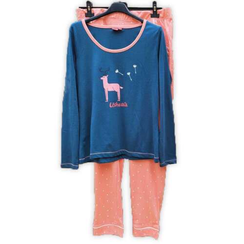 Ushuaia Szarvas Dandelion női hosszú pizsama, kék felső szarvas mintával és rózsaszín fehér pöttyös nadrággal