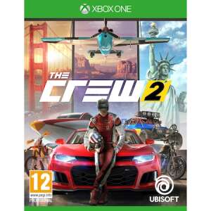 The Crew 2 Xbox One video game, featuring a red sports car, a driver, and iconic landmarks like the Golden Gate Bridge and the Statue of Liberty - Console & PC Game