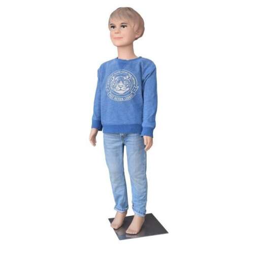 Child mannequin, 110 cm, boy, full body, standing, wearing blue sweater and jeans, display mannequin for clothing stores