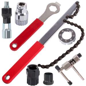 Kerékpár javító szerszámkészlet, tartalmaz láncfeszítőt, kazetta leszedőt, forgattyúshúzót, szabadonfutó kulcsot és egyéb szerszámokat - Kerékpár kiegészítő