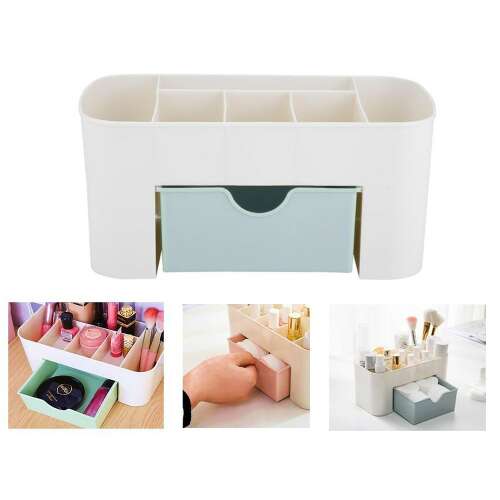 Casket kozmetikai rendszerező ékszerfiókkal és ecsettartóval, kollázs használati példákkal