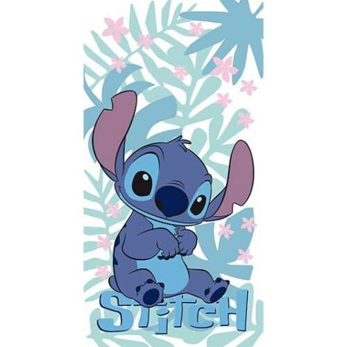 Disney Lilo & Stitch uterák, 70x140cm, rýchloschnúci, modrý Stitch charakter na bielom pozadí s modrým a ružovým kvetinovým vzorom