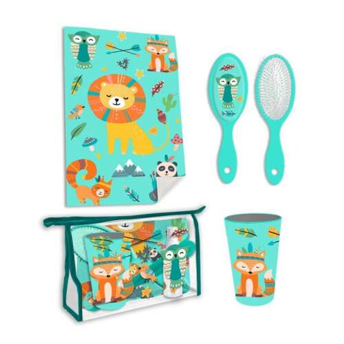 Kinder-Hygiene-Set mit Tiermotiven, inklusive Handtuch, Haarbürste, Becher und Kosmetiktasche