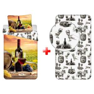 Set de lenjerie de pat, husă de plapumă și cearșaf cu elastic, marca Bor, pahare de vin roșu și alb, struguri, sticlă de vin, butoi, peisaj de vie - Design interior