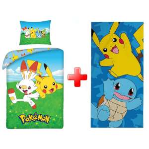 Pokémon bedding set with Pikachu, Squirtle and Eevee, includes a duvet cover and a towel - Interior design