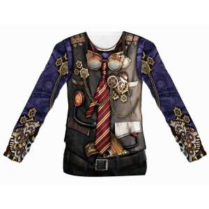 Férfi steampunk 3D hosszú ujjú póló, részletes steampunk úriember mintával, fogaskerekekkel, szemüveggel és nyakkendővel - Férfi hosszú ujjú felső