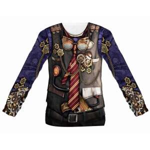 Férfi steampunk 3D hosszú ujjú póló, részletes steampunk emberrel, fogaskerekekkel, szemüveggel és nyakkendővel - Férfi hosszú ujjú felső