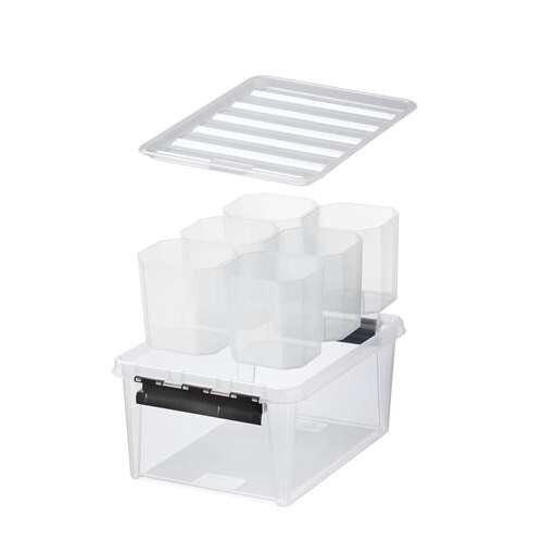 SMARTSTORE Classic 15 6-compartment clear plastic storage box with black handles and lid, 14 liter capacity