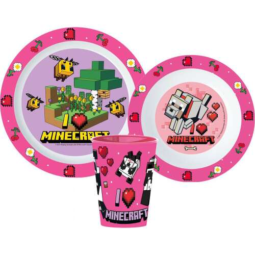 Minecraft I Love Minecraft Kids Dinner Set, Pink, 3 Piece, Plate, Bowl, Cup, Micro Safe