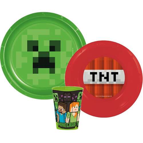Minecraft 3-teiliges Plastik-Essgeschirr-Set mit Creeper-Design auf dem großen Teller, TNT-Design auf dem kleinen Teller und einem Mehrcharakter-Design auf der Tasse