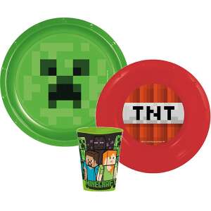 Set de 3 piese din plastic pentru masa Minecraft cu design Creeper pe farfuria mare, design TNT pe farfuria mică și design cu mai multe personaje pe cană - Minecraft