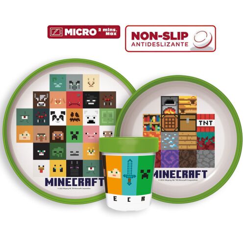 Minecraft non-slip microwaveable dinnerware set, featuring plate, bowl, and cup with Minecraft designs